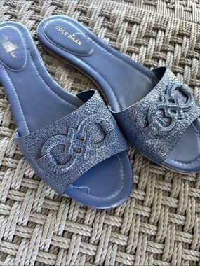 Cole Haan Navy Textured Slide Mules with Embroidered Knot